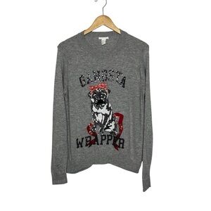 H&M Women's Medium Angora Blend Pug Dog Gangsta Wrapper Pullover Sweater Grey